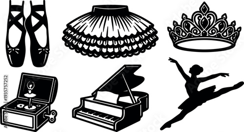 Silhouette vector ballet composition with pointes tutu crown music box and grand piano showing leaping ballerina in dramatic contrast bold