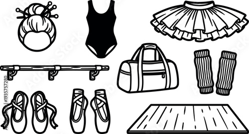 Line art overhead view ballet equipment set with bun leotard tutu barre shoes bag leg warmers and dance floor studio