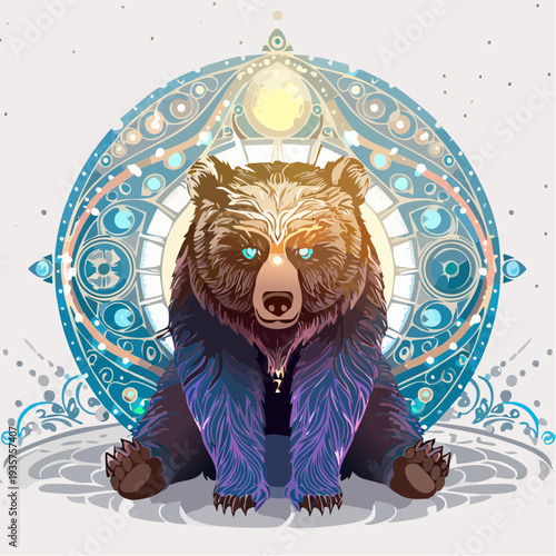 Majestic Grizzly Bear Sitting in an Intricate Ornamental Mandala Circle