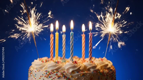 Birthday cake with candles and sparklers celebration party.