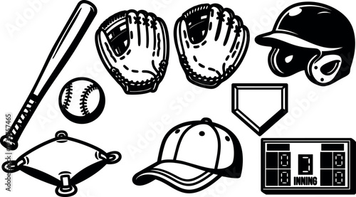 Line art baseball equipment set with bat glove ball helmet cap home plate and scoreboard in bold vintage outline