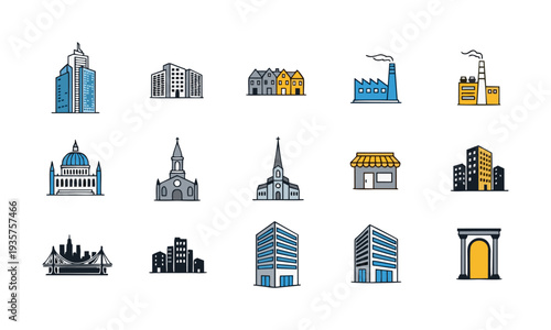 Collection of assorted architectural illustrations featuring iconic buildings from diverse styles and eras