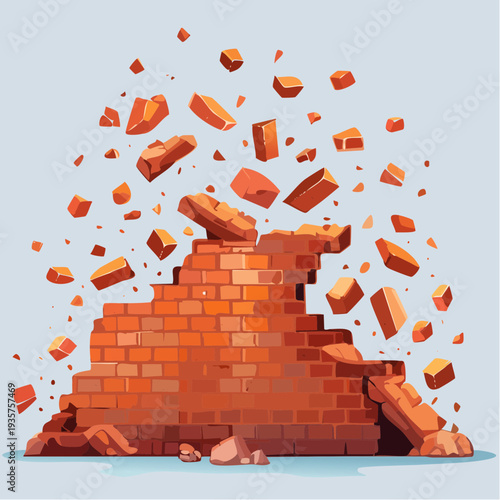 Explosive collapse of a brick wall, with debris flying, symbolizing destruction, breakthrough, and overcoming obstacles