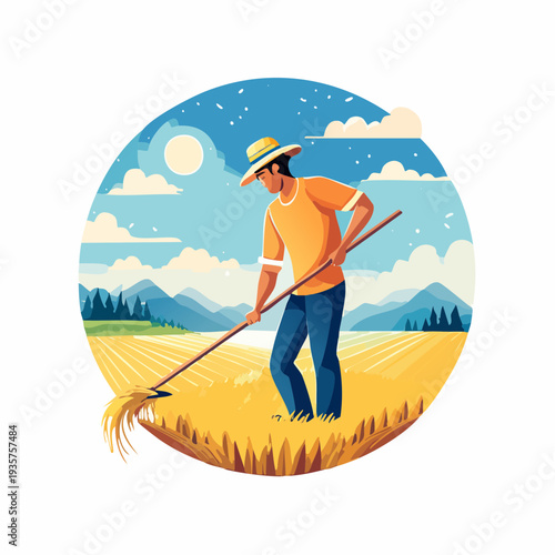 Farmer working in a wheat field under a sunny sky, harvesting crops for food production