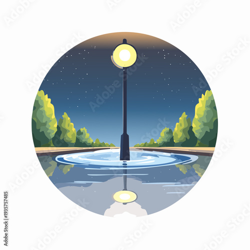 Serene evening scene featuring an illuminated lamppost reflecting in a calm pond surrounded by lush trees under a starry sky