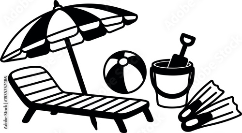 Monochrome vector beach scene umbrella lounge chair beach ball bucket and spade flippers side view bold line art minimalist silhouette