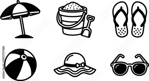 Minimalist line art beach icon set with umbrella bucket shovel flip flops beach ball sun hat sunglasses flat vector collection