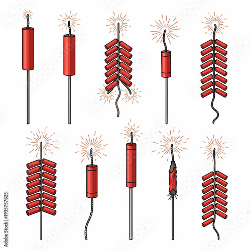Collection of Red Fireworks on Sticks.