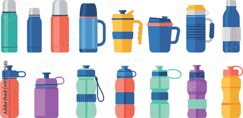 Reusable Water Bottle and Thermos Collection Cartoon Vector Set of Sports Drink Containers for Fitness Hiking Travel and Daily Hydration