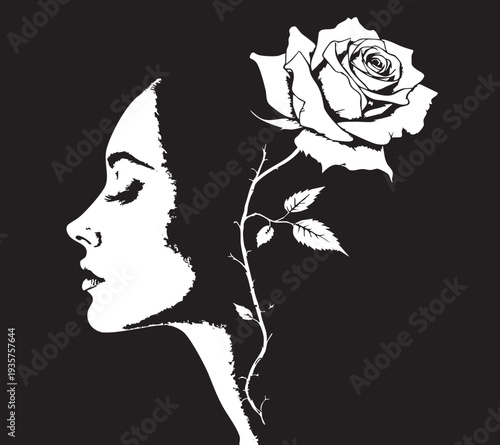 Woman's silhouette with closed eyes and a rose on black background illustration
