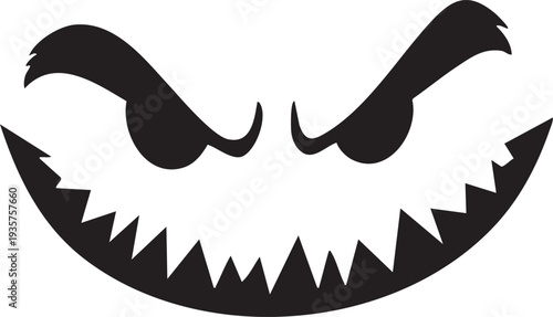 Menacing monster face with sharp teeth and furrowed eyebrows on white background evoking fear and anger