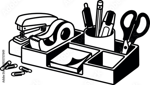 Line art close up desk organizer with stapler tape dispenser scissors pens sticky notes paper clips pencil holder top angle