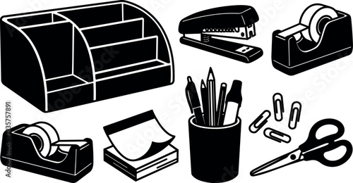 Flat design top view office desk organizer set with stapler scissors tape dispenser pencil cup and sticky notes paper clips
