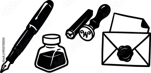 Minimalist black ink vector flat design fountain pen and ink bottle with wax seal envelope close up top view studio