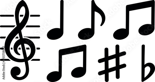 Flat design musical symbols set treble clef notes sharp flat isolated vector icons close up black on white simple minimal