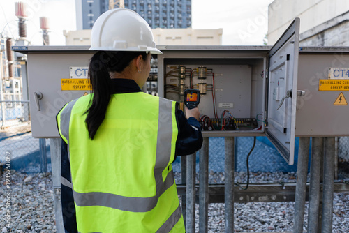 Tableau sur toile Engineer scanning substation marshalling cabinet with infrared thermal camera