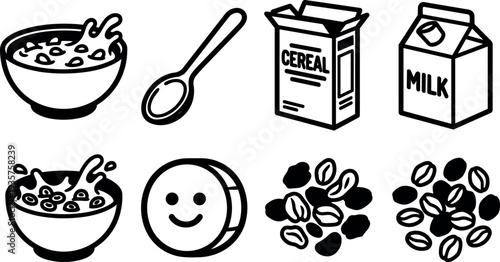 Minimalist line art vector cereal icon set showing bowl with splash spoon cereal box milk carton and coffee beans closeup