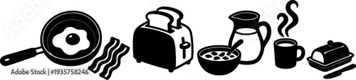 Flat design row of breakfast icons fried egg bacon toaster cereal jug steaming coffee and butter dish close up silhouette