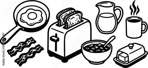 Line art top view breakfast set fried egg bacon toaster cereal milk coffee and butter on white background simple minimal