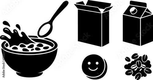 Minimalist vector cereal bowl with splash and spoon alongside cereal box milk carton cookie and coffee beans black icons