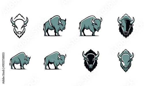Collection of Bison Illustrations Featuring Various Views and Profiles