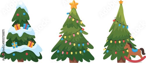 Three decorated Christmas trees with presents lights and a rocking horse under the right tree green trees
