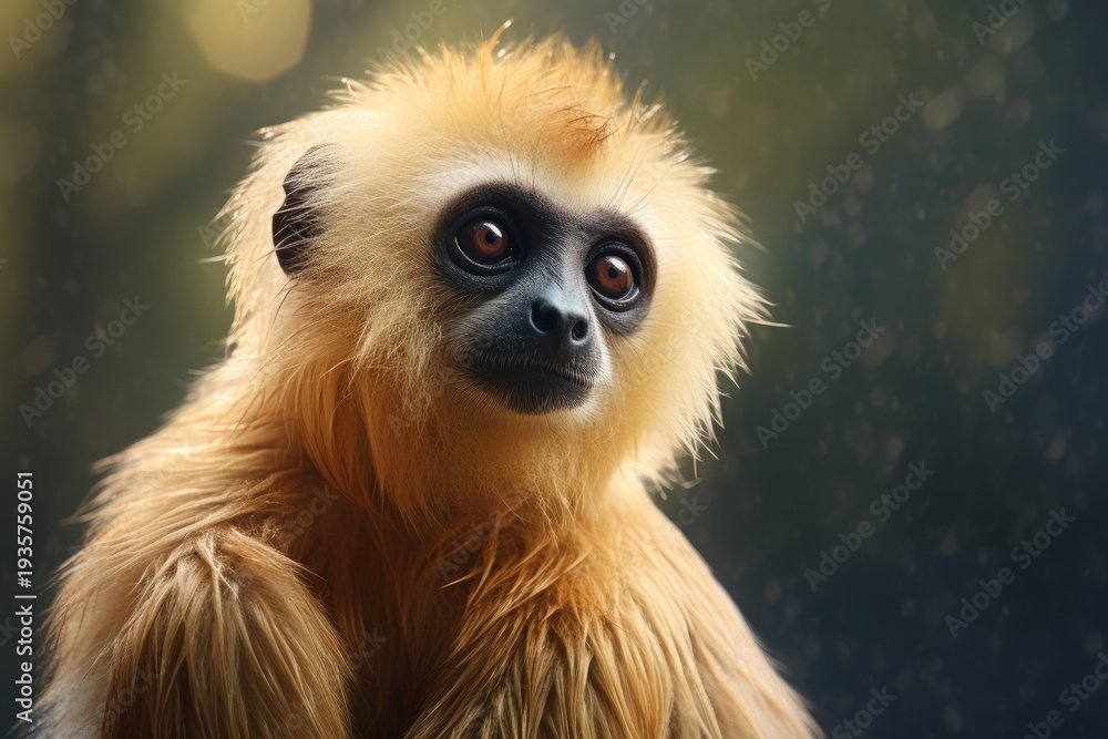 Fototapeta premium Golden gibbon primate looking with curious eyes in a detailed wildlife portrait