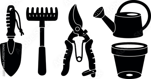 Flat vector silhouette close up gardening tool set with trowel rake pruning shears watering can and plant pot studio layout