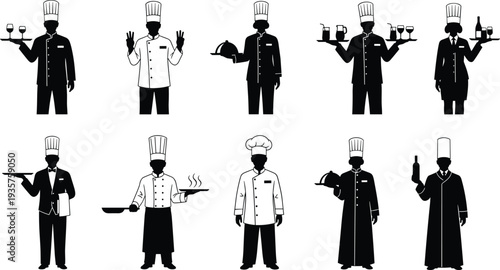 Chef and waiter silhouettes collection with restaurant staff serving food tray bottle cooking uniform vector illustration isolated black set