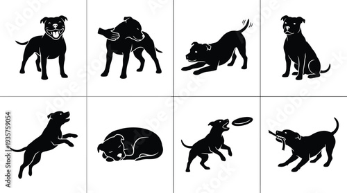 Collection of playful black silhouette illustrations of dogs in various dynamic poses