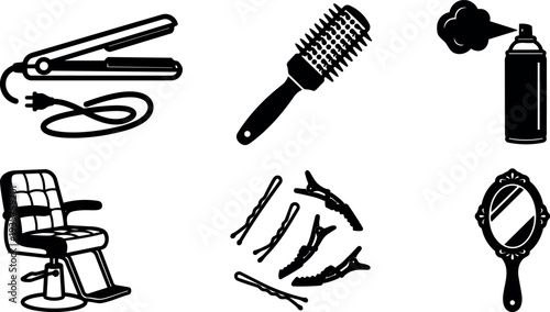 Flat design black salon icons showing flat iron round brush hairspray barber chair hair clips hand mirror minimalist vector composition