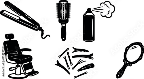Flat vector silhouette hair salon tools barber chair hair straightener round brush hairspray clips handheld mirror minimal composition black icons