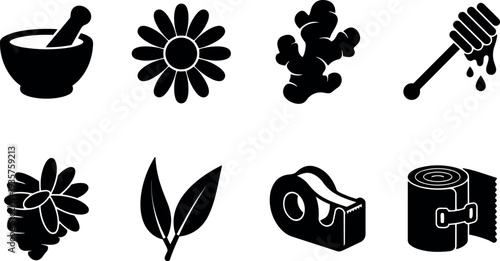 Flat design silhouette wellness minimal icon mortar pestle chamomile flower ginger root honey dipper leaves tape dispenser toilet paper roll