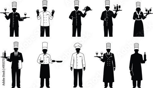 Chef and waiter silhouettes set serving food and drinks, professional restaurant staff in uniform isolated vector collection for hospitality service concept