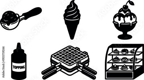 Minimalist vector dessert icon set showing ice cream scoop cone sundae waffle maker and display case in simple black silhouette