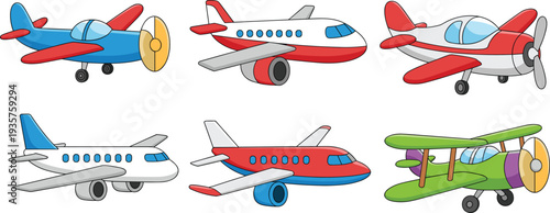 Cartoon airplane collection set, colorful passenger jets and propeller planes illustration, cute aircraft transport vector isolated on white background for kids design
