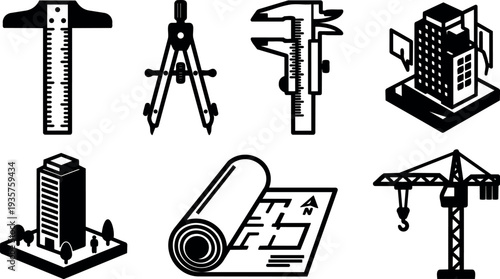 Minimalist vector architectural icon set showing measuring tools blueprint crane caliper compass measuring tape rolled plan skyscraper site model construction