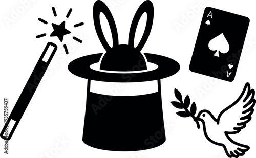Flat design close up magician hat with rabbit ears wand ace card and dove holding olive branch in silhouette black