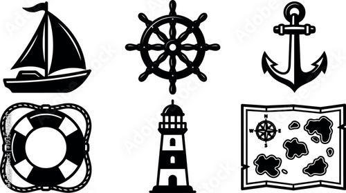 Nautical flat vector icon set sailboat steering wheel anchor lifebuoy lighthouse map black silhouettes close up bold minimal line art