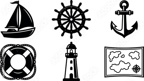 Flat design vector nautical icon set showing sailboat ship wheel anchor lifebuoy lighthouse and treasure map in black silhouette clean