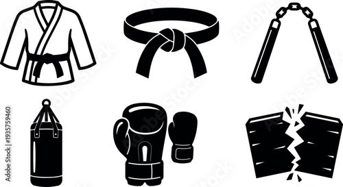 Minimalist vector martial arts and boxing icon set gi belt nunchaku punching bag boxing gloves broken board silhouette simple black