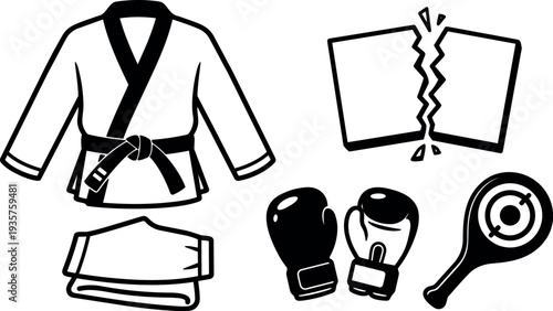 Line art vector close up martial arts gear set with gi black belt broken board boxing gloves focus mitt towel