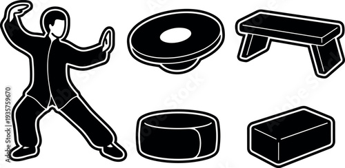 Sticker style bold outline tai chi practitioner performing slow flowing form with meditation cushion bench singing bowl and yoga block