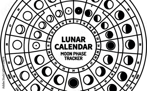 Minimalist vector lunar calendar moon phase tracker circular diagram showing day numbers concentric moon icons flat design black and white