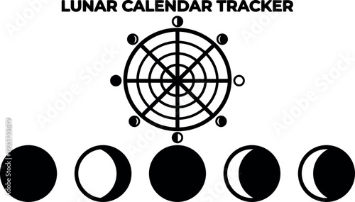Flat design lunar calendar tracker top view circular moon phase chart with row of simple moon icons black minimal vector