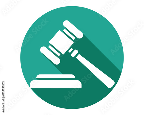 White judicial gavel rests upon a sounding block inside a solid teal circle graphic.