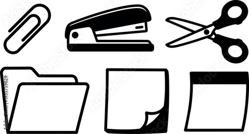 Flat design simple office supply icons set showing paperclip stapler scissors folder sticky notes top view black minimalist vector art
