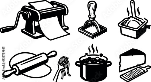 Line art vector kitchen icons showing pasta maker ravioli stamp rolling pin boiling pot cheese wedge grater fork twirling spaghetti