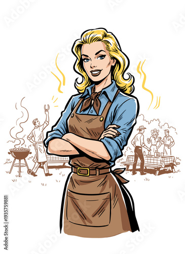 Confident retro woman in apron, pop art comic style vector illustration, summer barbecue party hostess.