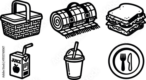 Flat line art picnic icon set showing woven basket rolled blanket stacked sandwich juice box takeaway cup and plate utensils